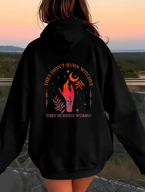 Women's Graphic Hoodie Rising Flames With Mystical Symbols Under Crescent Moon Woman