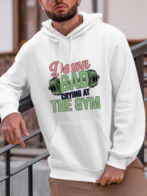 Men's Graphic Hoodie Down Bad Green Weights With Motivational Slogan At A Fitness Gym