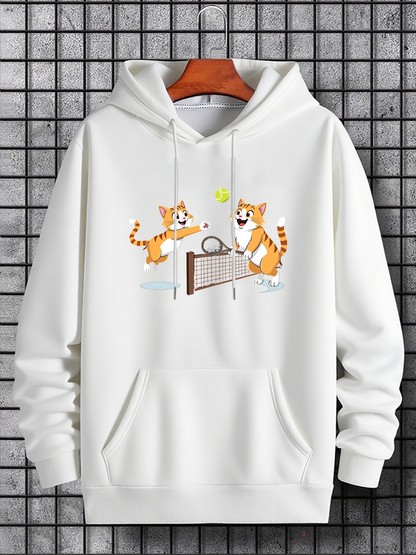 Men's Graphic Hoodie Playful Kittens With Flying Ball And Net In Cartoon Style Cat