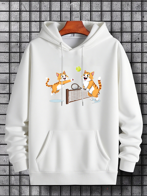 Men's Graphic Hoodie Playful Kittens With Flying Ball And Net In Cartoon Style Cat
