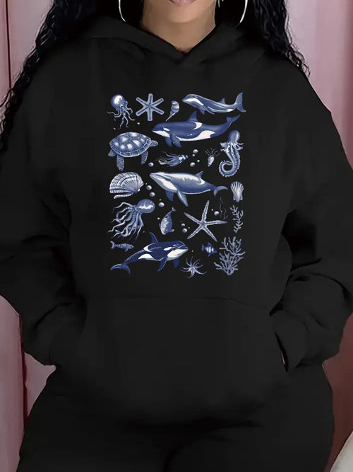 Women's Graphic Hoodie Playful Whales Swimming Among Jellyfish And Ocean Corals Whale
