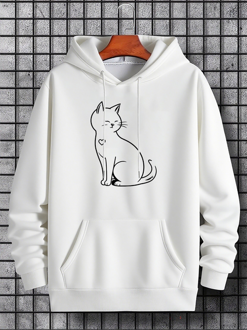 Men's Graphic Hoodie Gentle Minimalist Black Line Art Sitting Cat