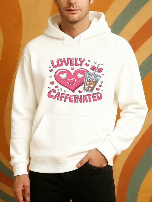 Men's Graphic Hoodie Lovely Caffeinated With Pink Hearts And Coffee Cup Surrounded By Bubbles