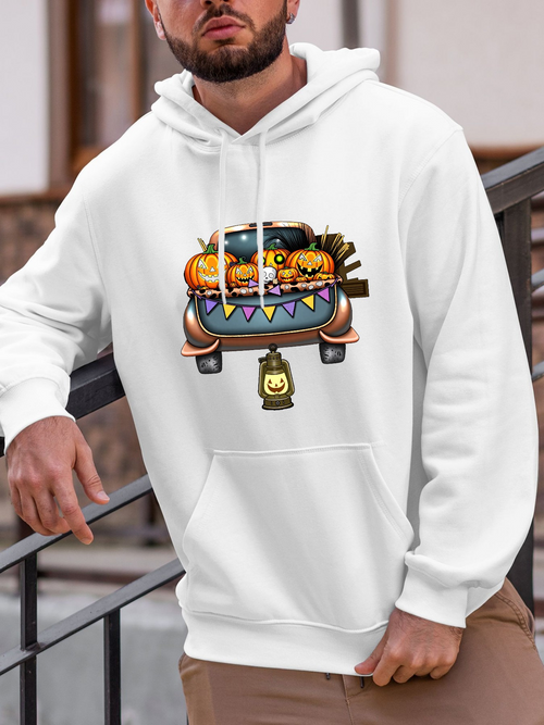 Men's Graphic Hoodie Festive Pumpkins With Colorful Lanterns On Autumn Wagon