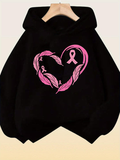 Women's Graphic Hoodie Pink Feather Heart With Hopeful Ribbon Motif On Hoodie