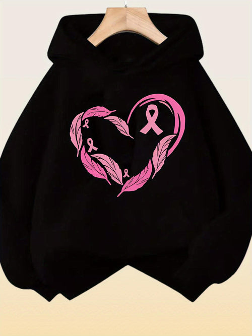 Women's Graphic Hoodie Pink Feather Heart With Hopeful Ribbon Motif On Hoodie