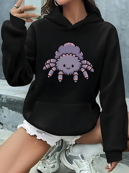 Women's Graphic Hoodie Fluffy Lavender Pastel Smiling Cartoon Spider With Cute Face