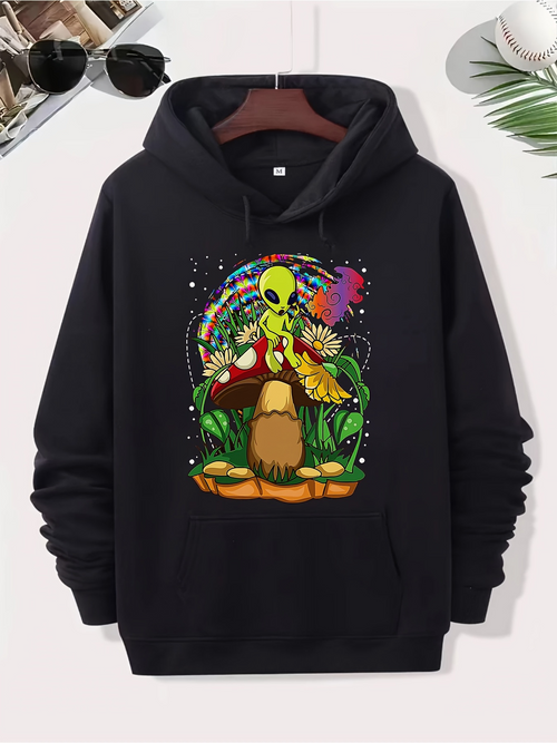Men's Graphic Hoodie Vibrant Rainbow Lights With Colorful Mushrooms And Alien Creature