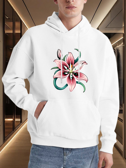 Men's Graphic Hoodie Soft Green Vines Curling Around Delicate Pink Petals Lily Flower