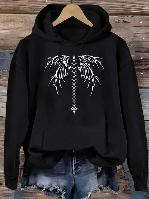 Women's Graphic Hoodie Edgy Silver Metallic Bones With Artistic Skeleton Spine Pattern Hoodie