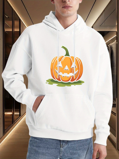 Men's Graphic Hoodie Glowing Halloween Pumpkin With Carved Face Surrounded By Green Leaves Pumpkin