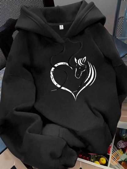 Women's Graphic Hoodie Minimalist Heart Shape With Flowing Elegant Lines And Delicate Outline Horse