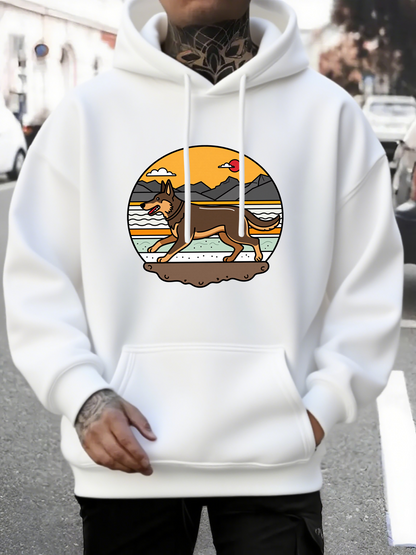 Men's Graphic Hoodie Golden Sunset Landscape With Mountains Waves Clouds And Running Dog
