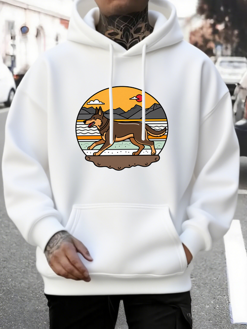 Men's Graphic Hoodie Golden Sunset Landscape With Mountains Waves Clouds And Running Dog