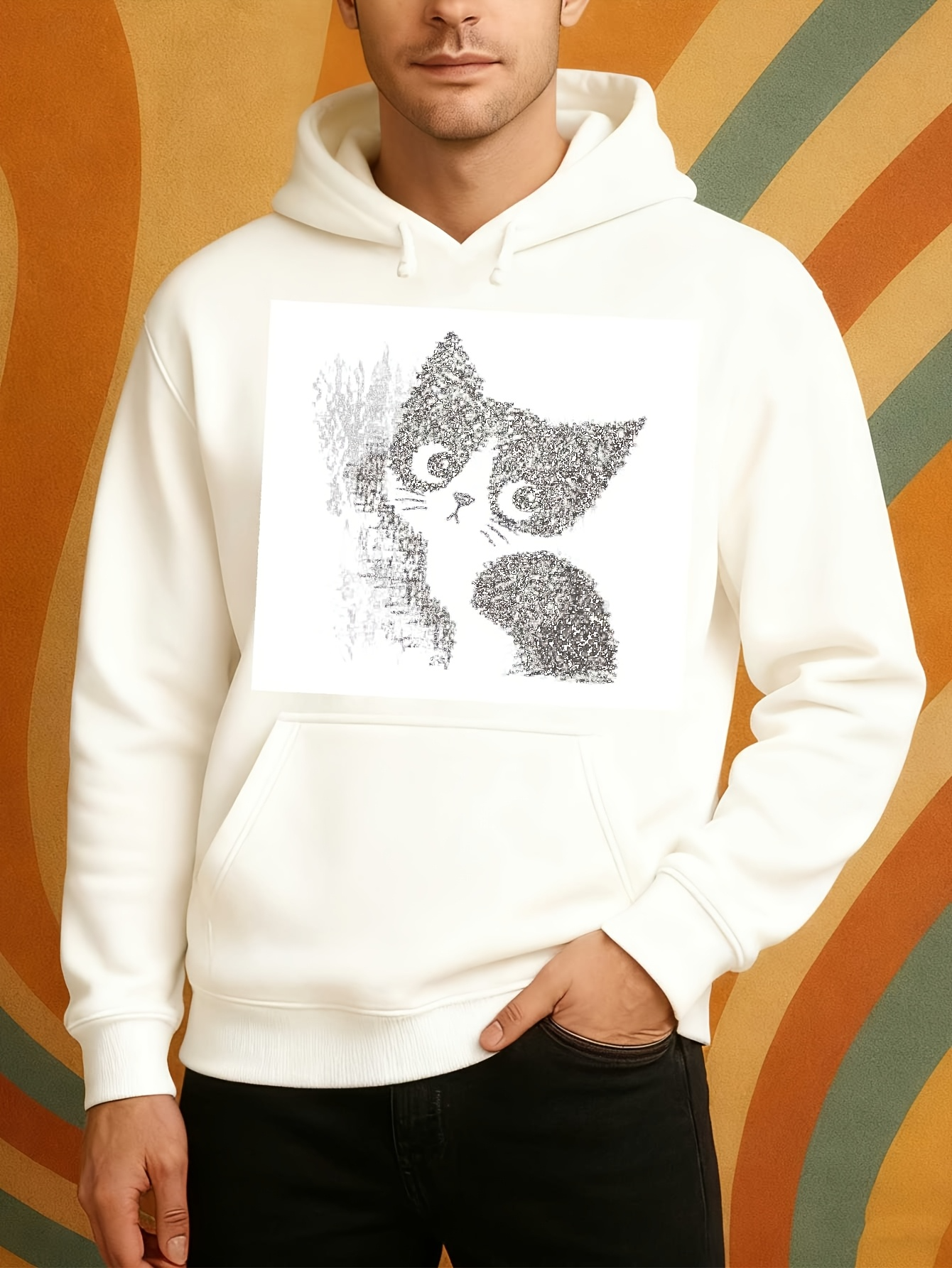 Men's Graphic Hoodie Curious Eyes With Playful Whiskers Among Shaded Gentle Lines Cat