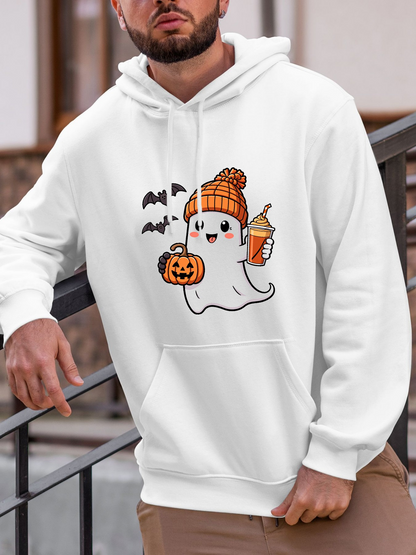 Men's Graphic Hoodie Cozy Autumn Ghost With Pumpkin Lantern And Bats Holding A Drink
