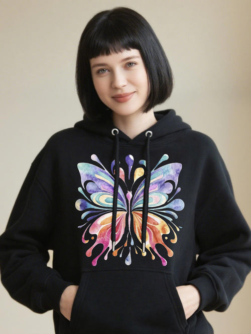 Women's Graphic Hoodie Vivid Watercolor Splash Forming Abstract Butterfly