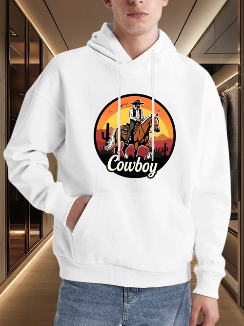 Men's Graphic Hoodie Cowboy Desert Sunset With Cactus Horse And Lone Rider Cowboy