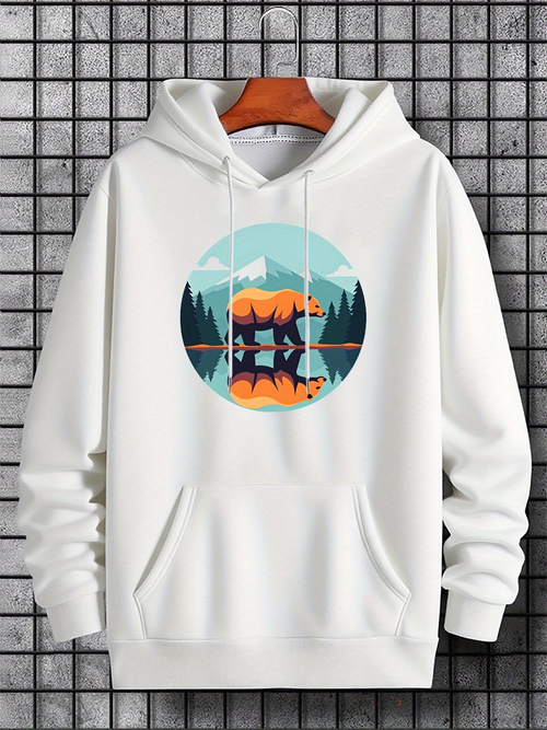 Men's Graphic Hoodie Mountain Landscape Reflected In Crystal Lake With Vibrant Forest Bear