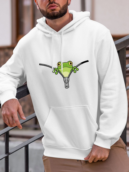 Men's Graphic Hoodie Cute Cartoon Green Frog With Big Eyes Holding Onto A Black Zip Line Frog