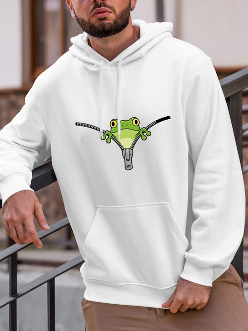 Men's Graphic Hoodie Cute Cartoon Green Frog With Big Eyes Holding Onto A Black Zip Line Frog