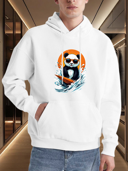 Men's Graphic Hoodie Gentle Panda Riding Ocean Waves With Sunset Glow Around Panda