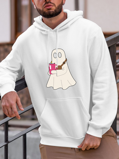 Men's Graphic Hoodie Cartoon Ghost Holding Mug With Latte Art And Chocolate Ghost