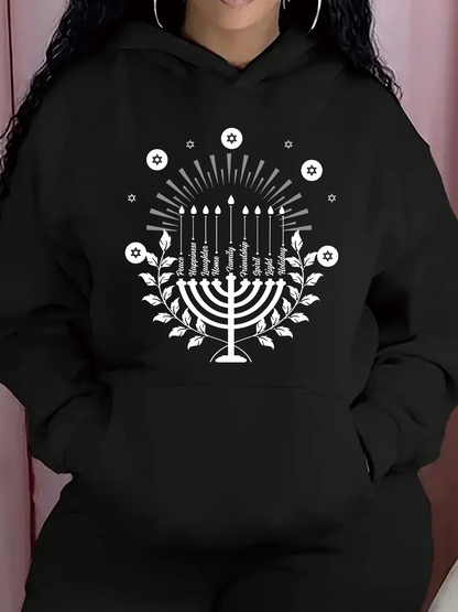 Women's Graphic Hoodie Radiant Festival Candlelight With Blossoms Circling A Shining Menorah