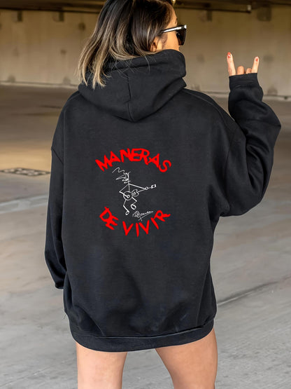 Women's Graphic Hoodie Minimalist Guitar Line Drawing Graphic With Vibrant Lettering Under Studio Lighting Guitar