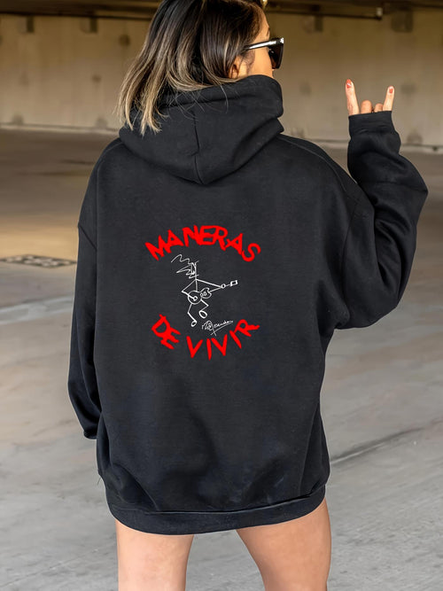 Women's Graphic Hoodie Minimalist Guitar Line Drawing Graphic With Vibrant Lettering Under Studio Lighting Guitar