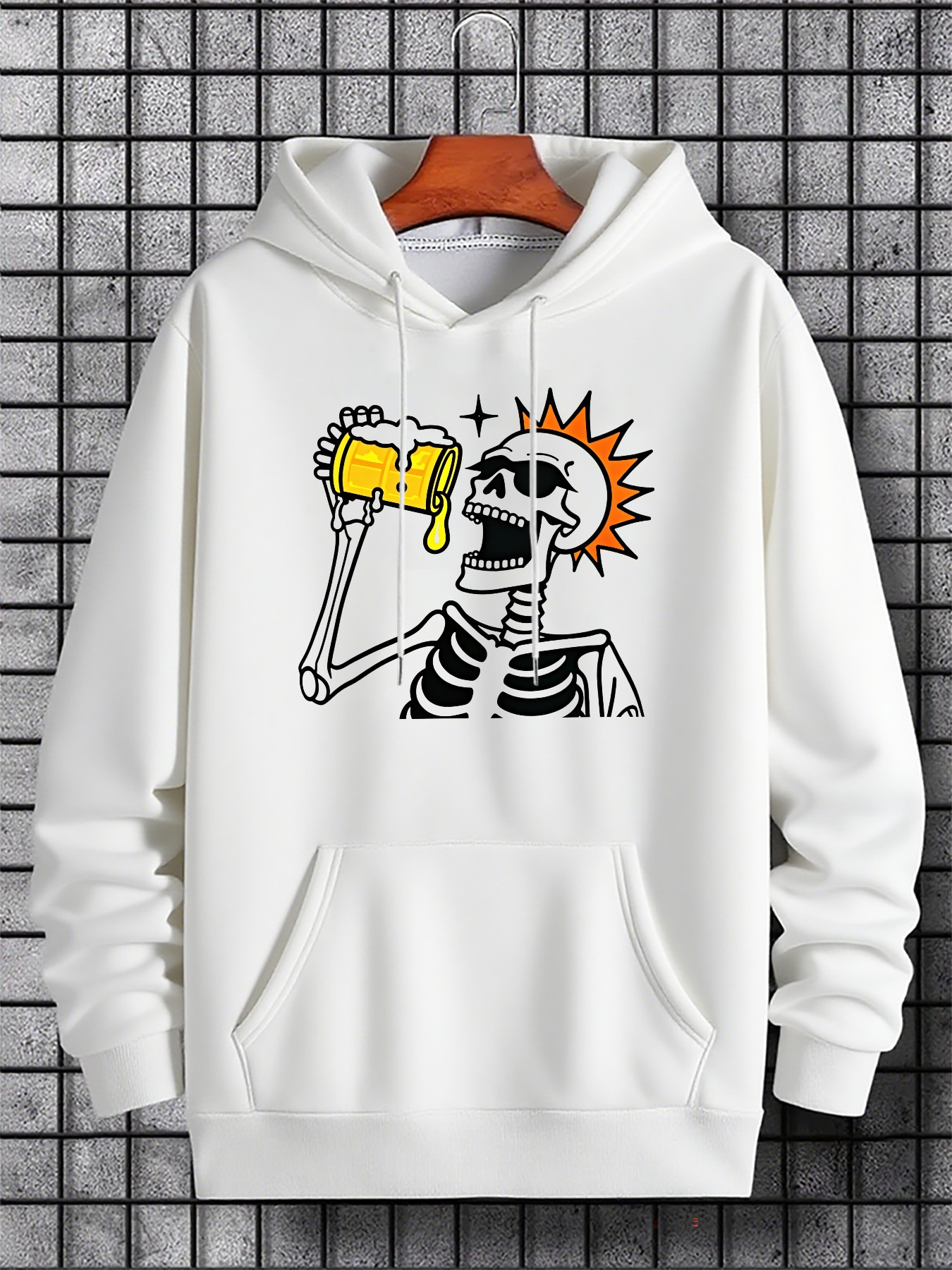 Men's Graphic Hoodie Sunlight Splash With Happy Skeleton Drinking Beer