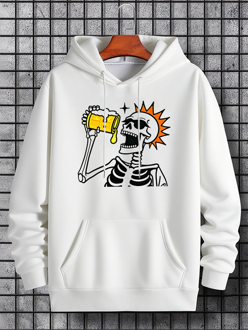 Men's Graphic Hoodie Sunlight Splash With Happy Skeleton Drinking Beer