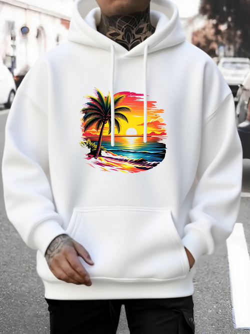 Men's Graphic Hoodie Colorful Sunset Sky With Palm Tree And Ocean Beach