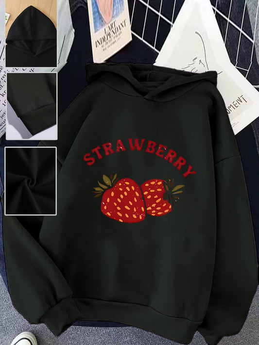 Women's Graphic Hoodie Strawberry Red Letters Over Lively Twin Fruits With Green Leaves