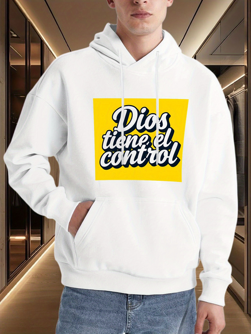 Men's Graphic Hoodie God is in Control， Dios Tiene el Control， Red Yellow White Verse Design