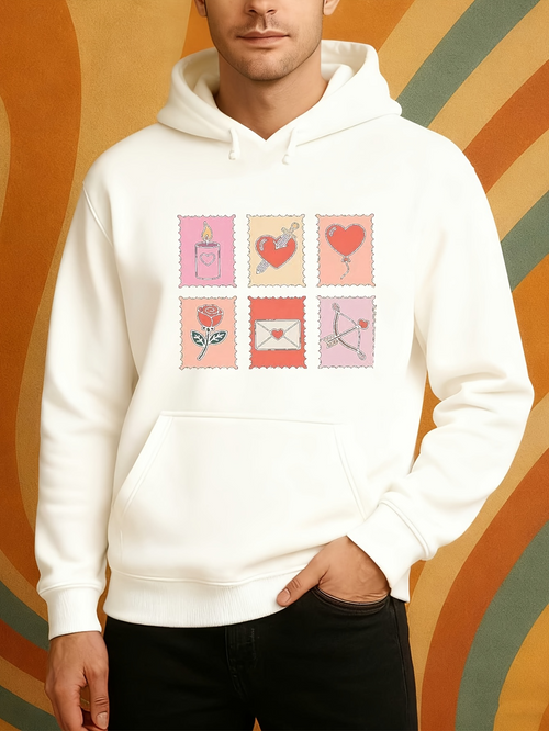 Men's Graphic Hoodie Playful Postage Stamps With Hearts And Flowers On White Hoodie