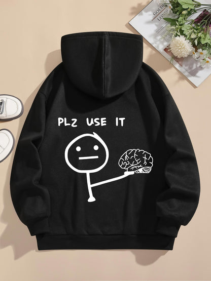 Women's Graphic Hoodie Plz Use It Cartoon Stick Figure With Outstretched Arm Holding Brain