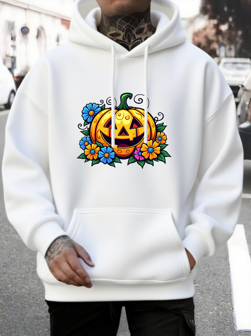 Men's Graphic Hoodie Colorful Autumn Flowers With Smiling Carved Pumpkin Surrounded By Leaves Pumpkin