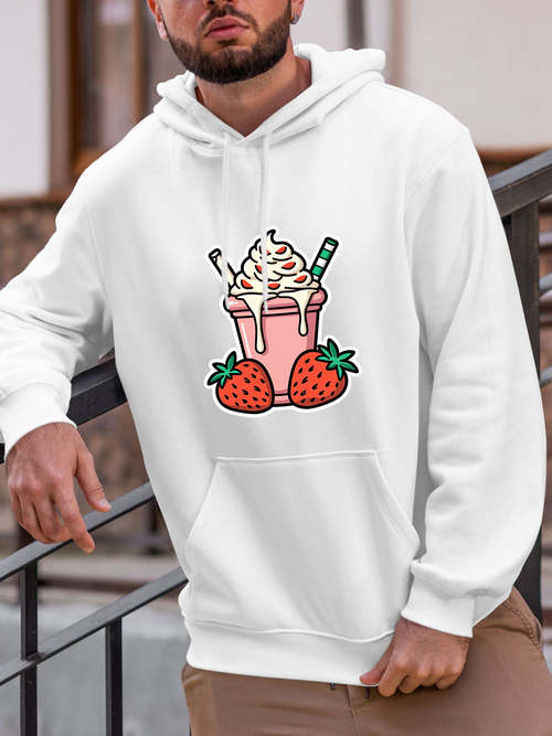 Men's Graphic Hoodie Sweet Strawberry Milkshake With Whipped Cream Delightful Dessert Drink