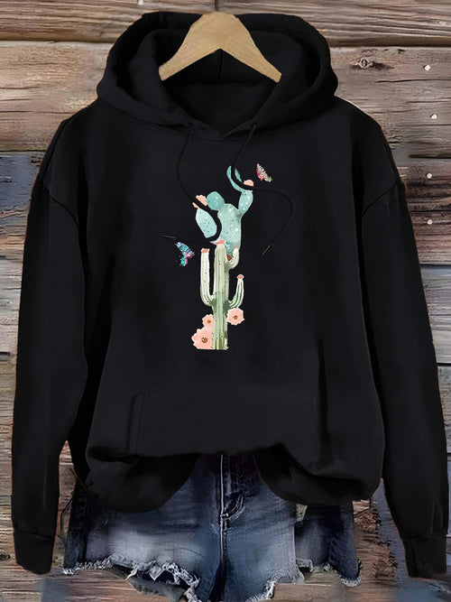 Women's Graphic Hoodie Pink Petals And Hummingbird Perched On Blooming Cactus