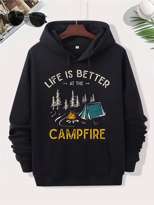 Men's Graphic Hoodie Life Is Better At The Campfire With Pine Trees And Glowing Tented Campsite Fire