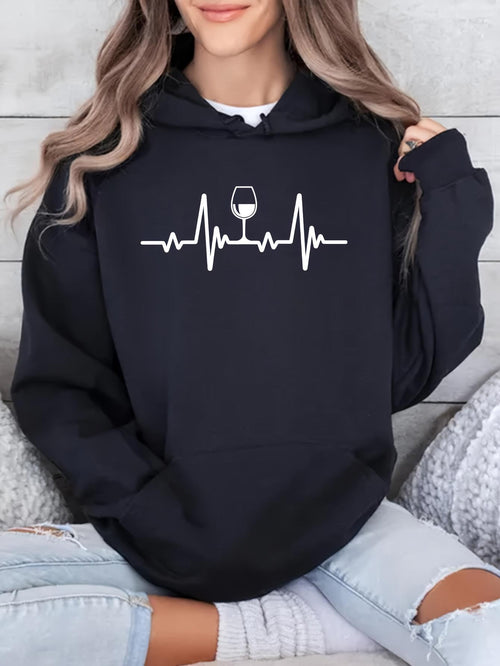 Women's Graphic Hoodie Heartbeat Rhythm With Centered Wine Glass Graphic Hoodie