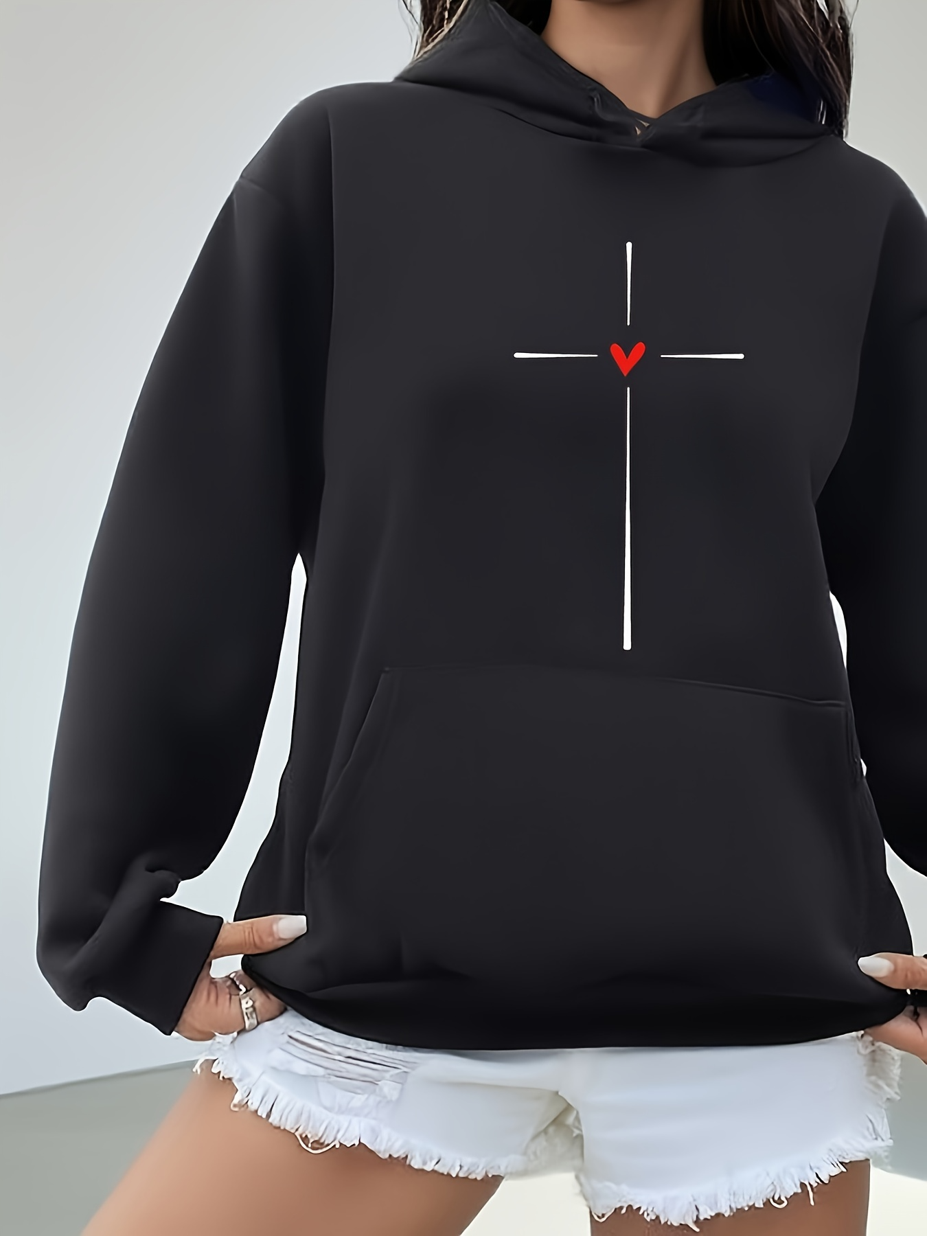 Women's Graphic Hoodie Simple Cross With Red Heart On Black Hoodie