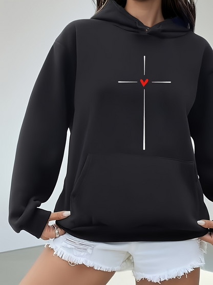 Women's Graphic Hoodie Simple Cross With Red Heart On Black Hoodie