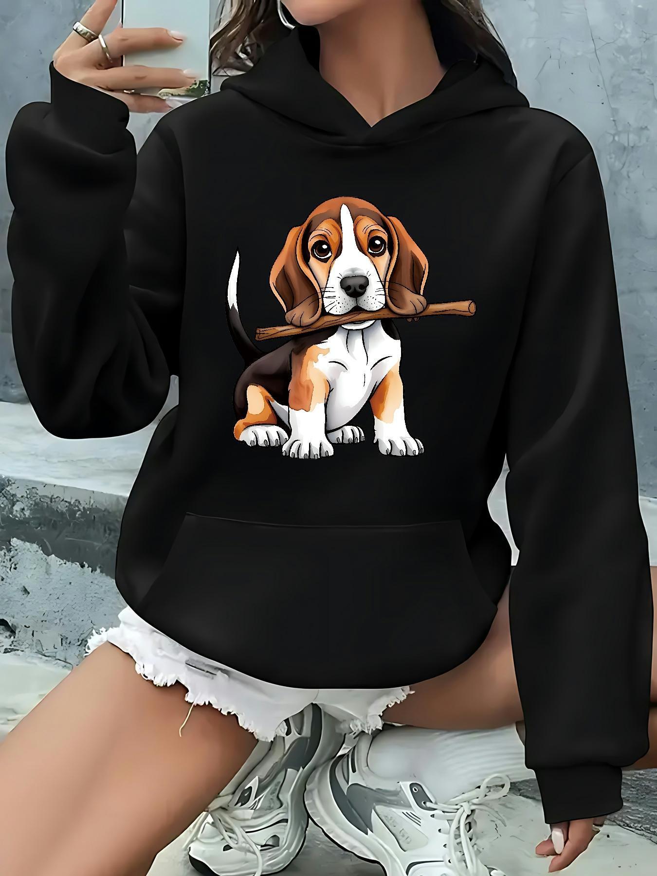 Women's Graphic Hoodie Playful Beagle Puppy Sitting Holding A Stick In Its Mouth
