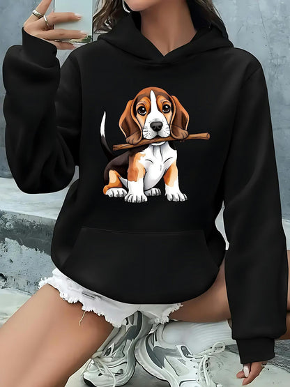 Women's Graphic Hoodie Playful Beagle Puppy Sitting Holding A Stick In Its Mouth