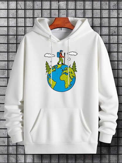 Men's Graphic Hoodie Peaceful Adventure Surrounded By Clouds Trees And Green Vibrant Earth Globe