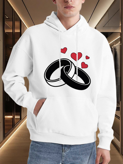 Men's Graphic Hoodie Romantic Overlapping Rings With Floating Red Hearts Hoodie