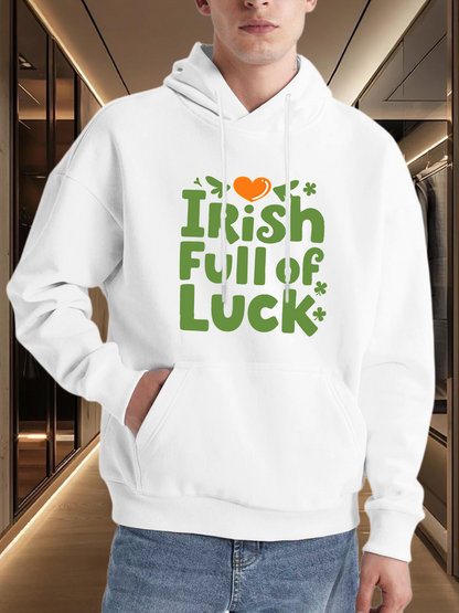 Men's Graphic Hoodie Irish Full Of Luck In Green Playful Letters Surrounded By Clovers Heart