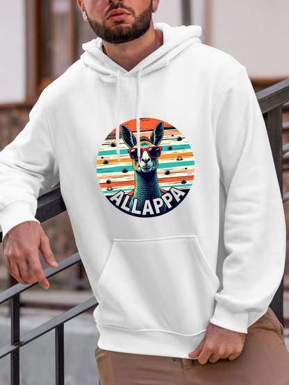 Men's Graphic Hoodie Retro Striped Sunset With Sunglasses Wearing Playful Llama